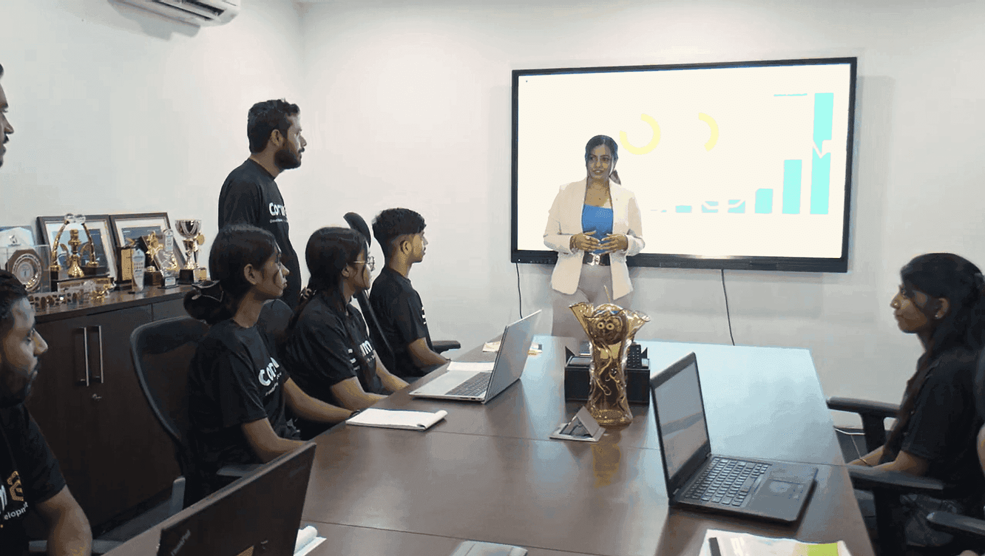 The Corum8 team in an office meeting