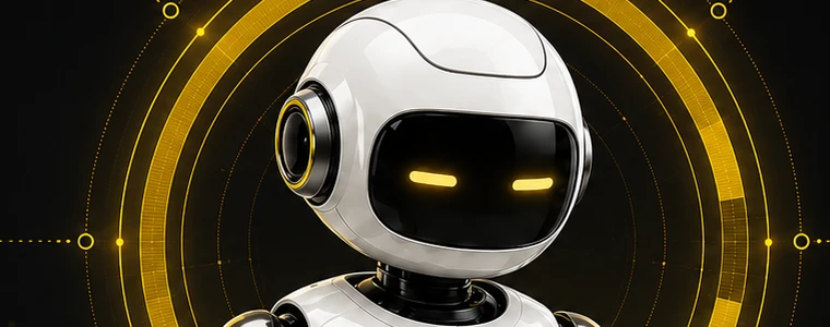 An AI robot framed by concentric data rings
