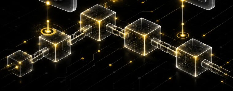 A chain of linked blocks running through a network