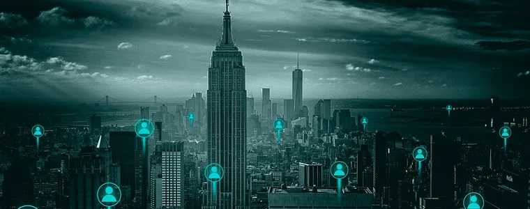 A city skyline mapped with connected data points