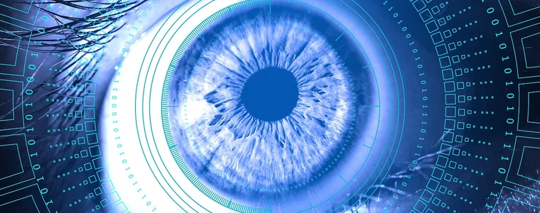 A digital iris scan ringed with security readouts