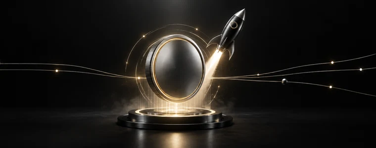 A token on a launch pad with a rocket lifting away
